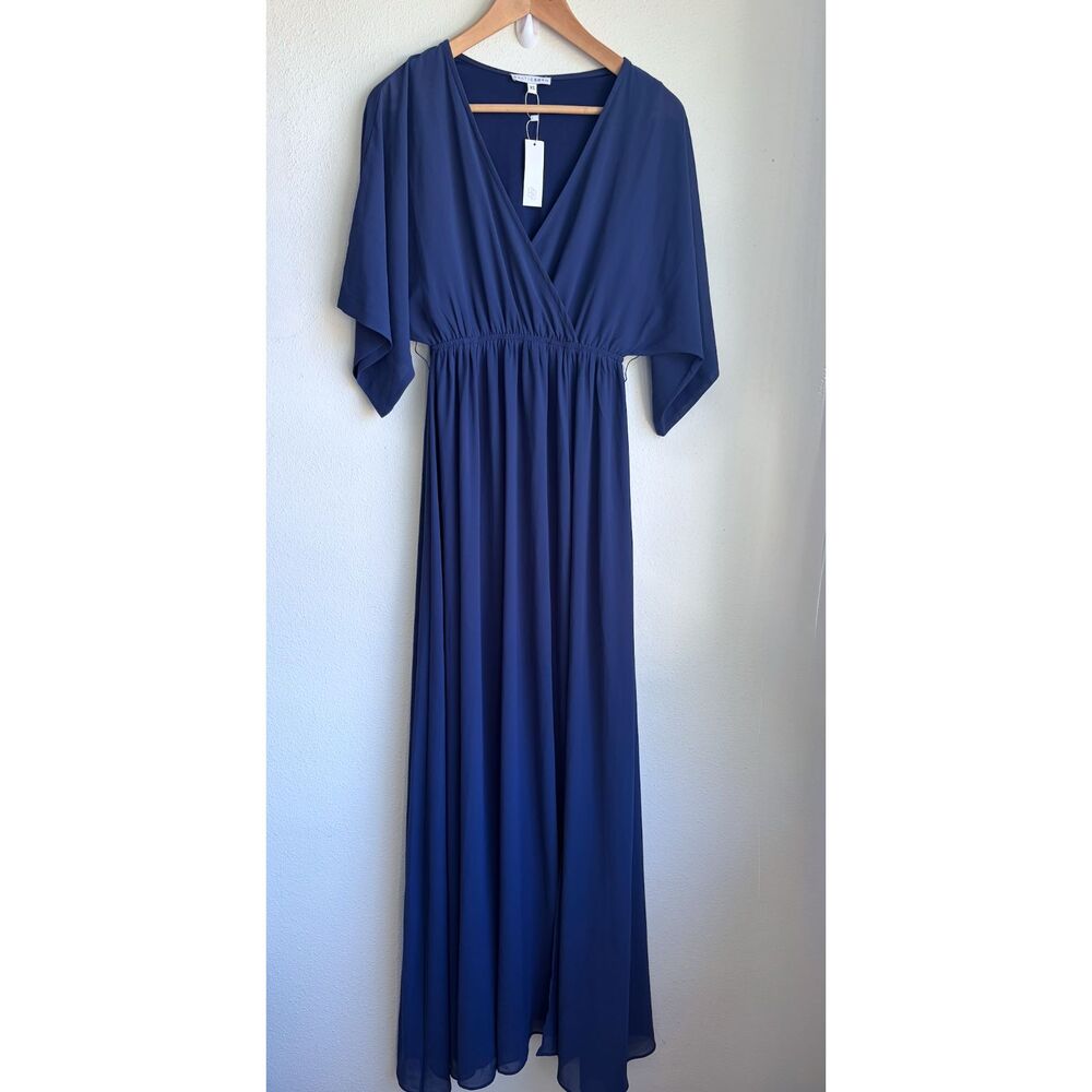 NWT BALTIC BORN Navy Blue Chiffon Faux Wrap Short Sleeve Maxi Dress Womens XS